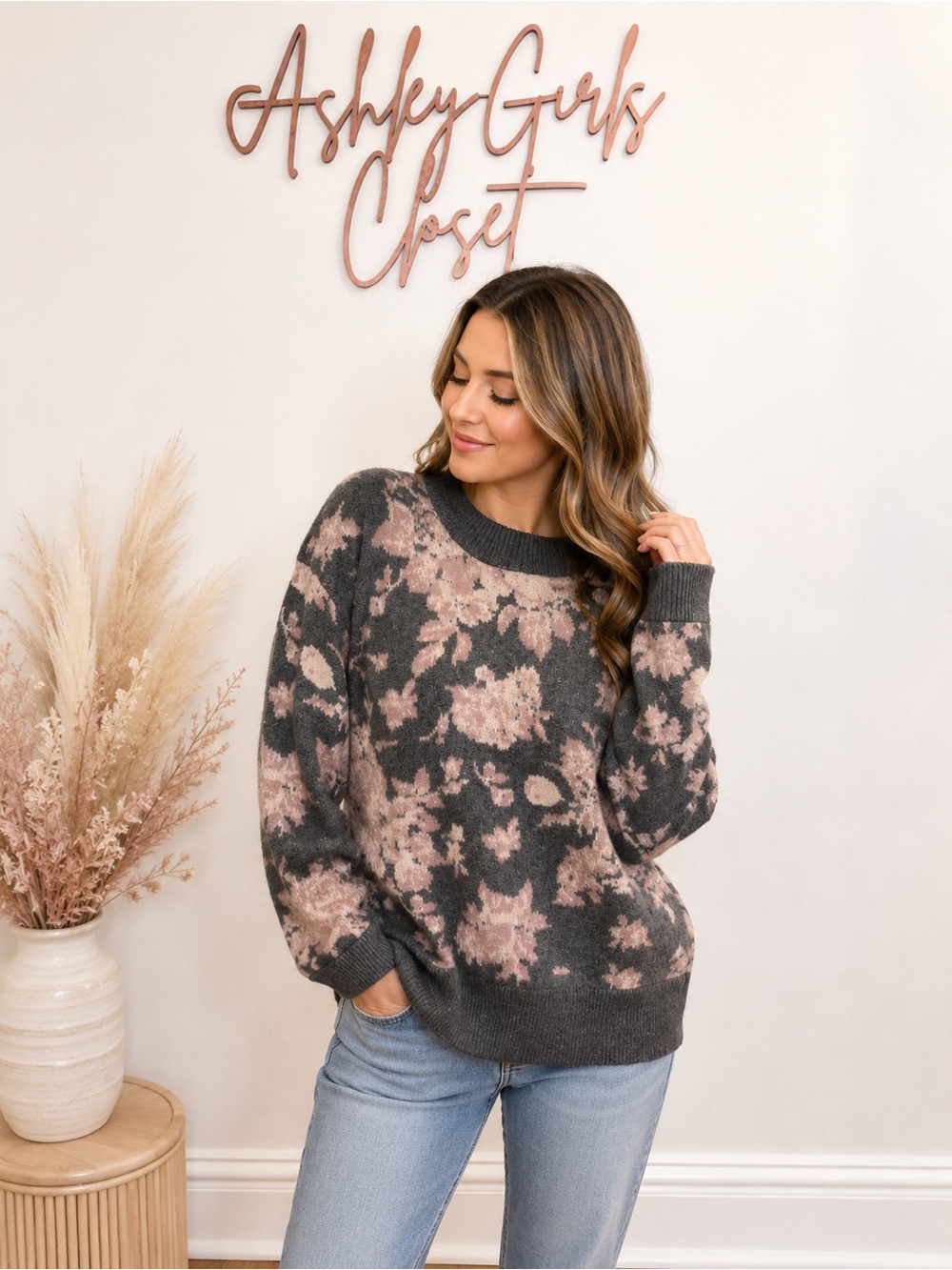 Listicle Floral Knit Sweater | Pink & Charcoal Cozy Pullover | Medium